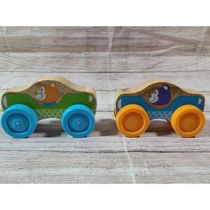 Melissa And Doug Lot Of 2 First Play Wooden Stackable Cars Plastic Wheels 4"